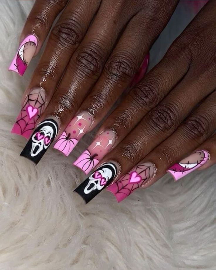Unique halloween nails, vintage halloween nails, disney nail designs, almond, french tip style.