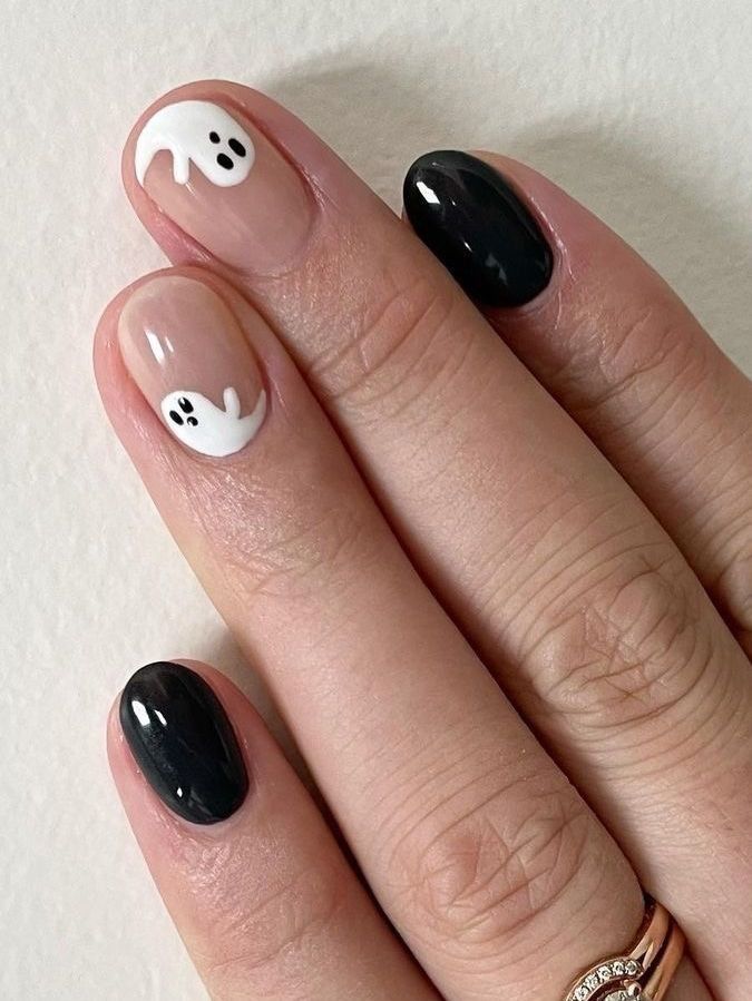 Witchy halloween nails with french tip halloween nails, fall halloween nail designs, fall, cat theme.