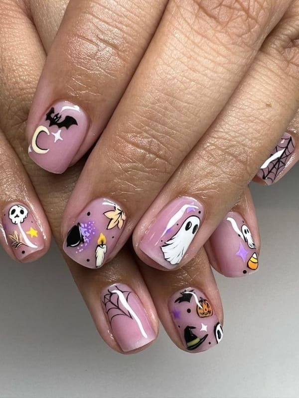 Halloween nails orange and black with halloween french nails, dark purple and black nails, fun, scream theme.