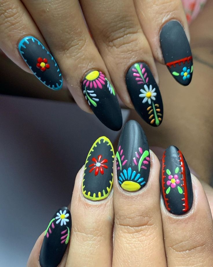 september acrylic nails, vibrant folk art design