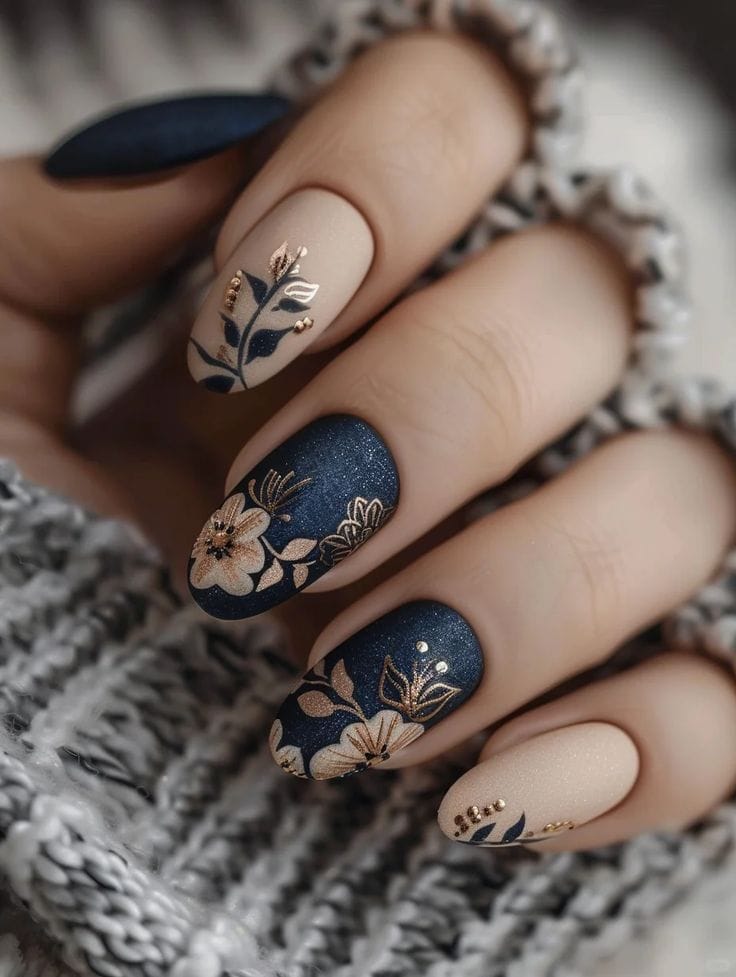 fall nail designs almond shape, floral elegance