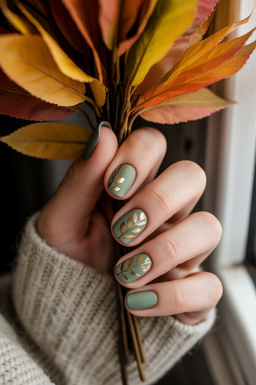 simple thanksgiving nails, fall season nails, november nail ideas acrylic, matte green.