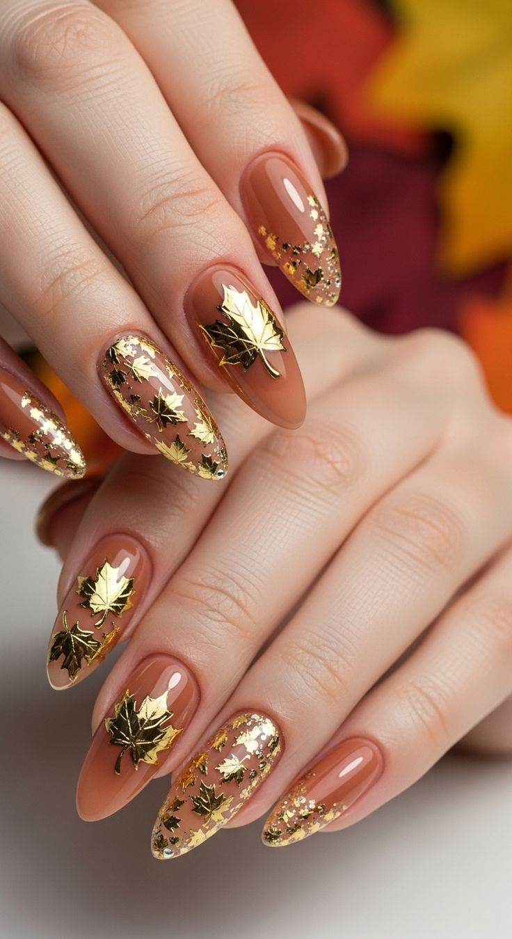 thanksgiving nail ideas simple, classy autumn nails, snoopy, golden leaf glamour.
