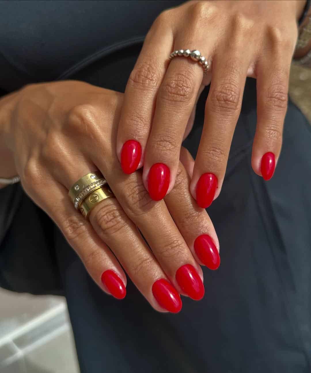 pink almond nails with yellow almond nails, featuring simple nail designs and dark feminine nails with a milky white and cherry red contrast.