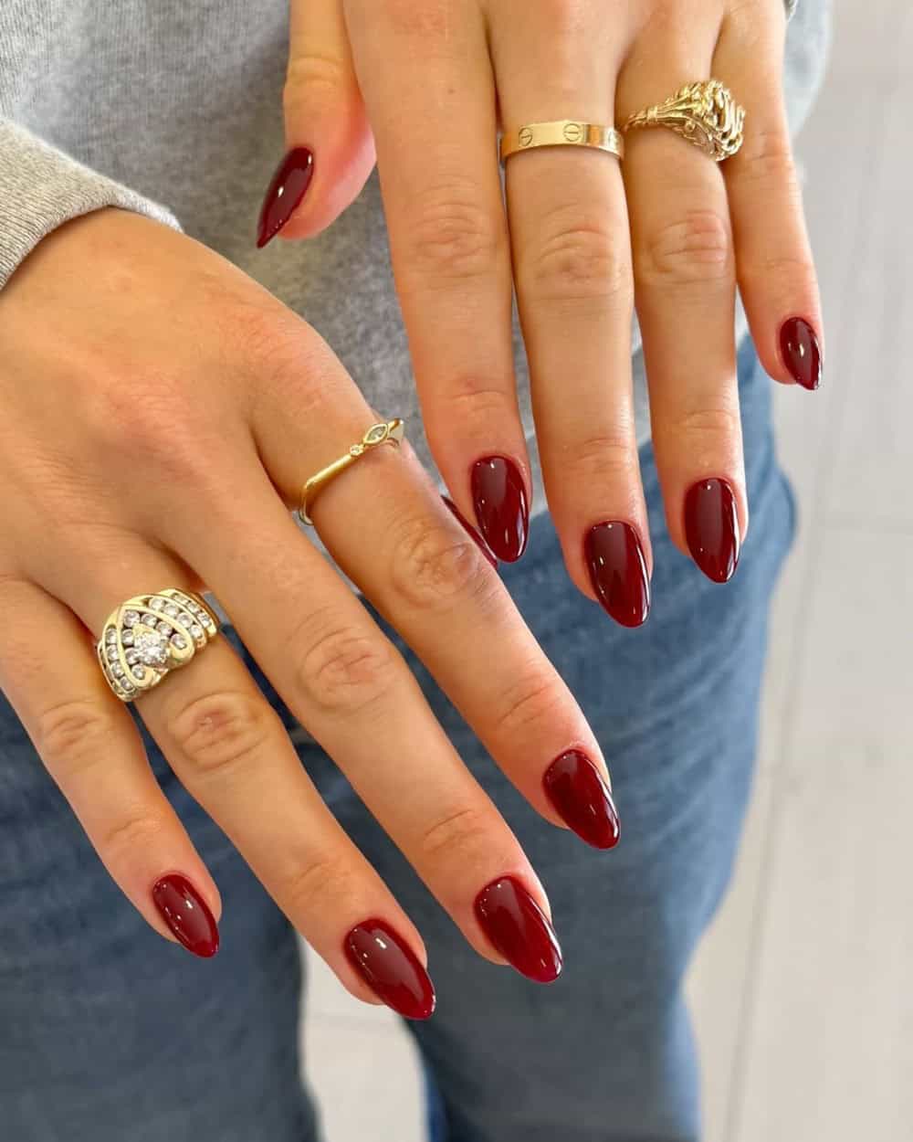 milky white almond nails with minimalist nails and dark cherry red nails for birthday with white french tip.