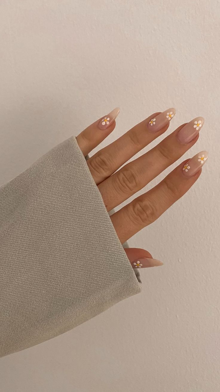 Nude nails with delicate floral art