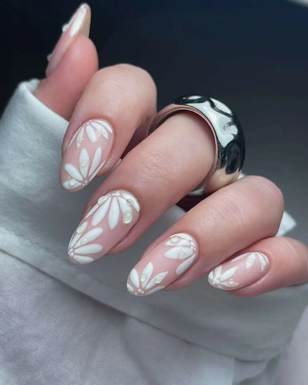 White floral almond nails