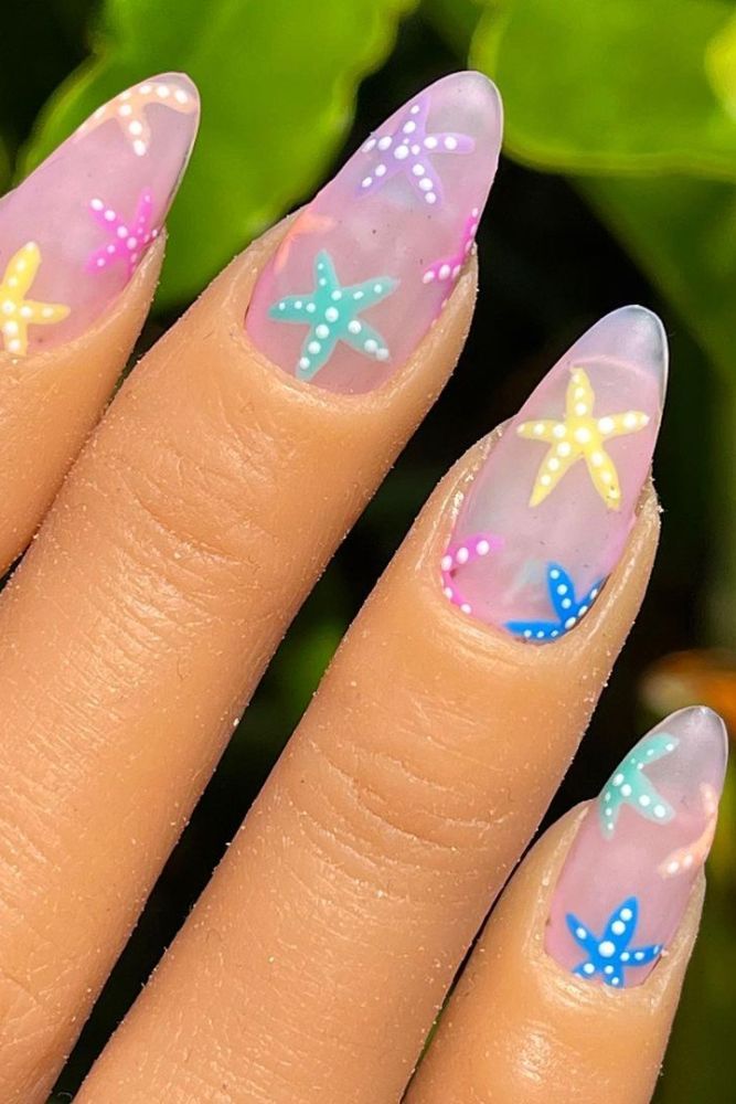 Jelly nails with colorful starfish art