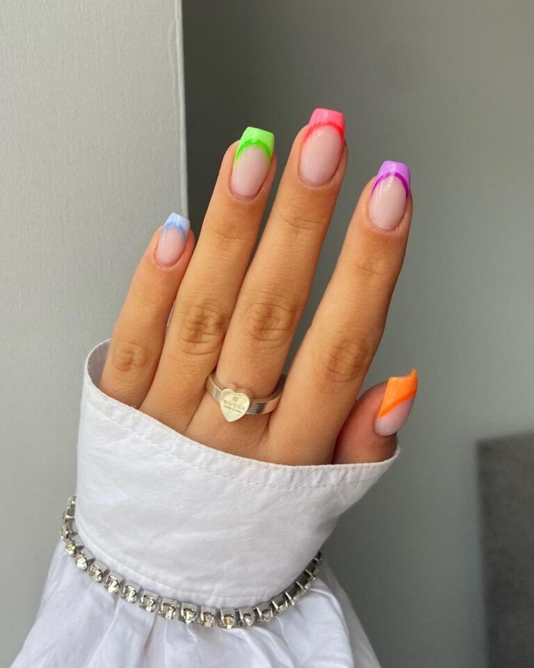 Rainbow French tip nails with square shape