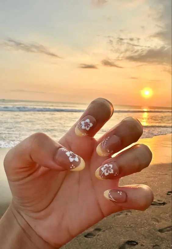 Yellow French tips with floral art