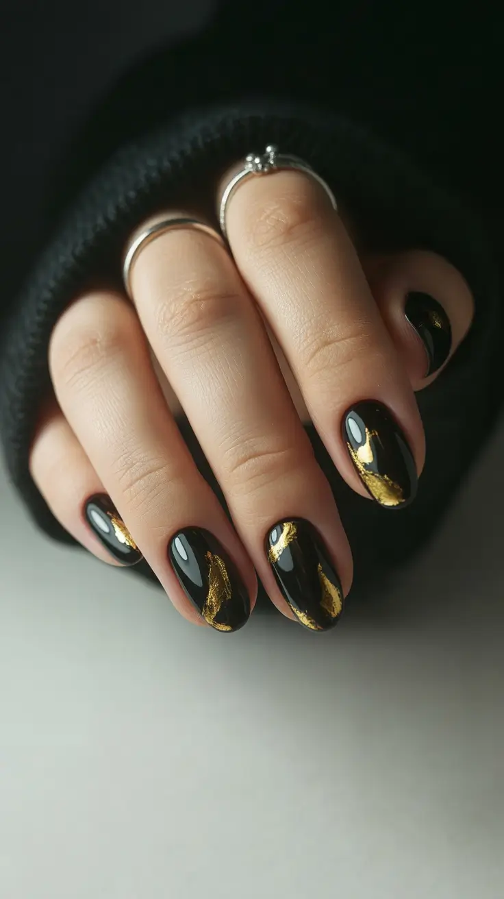 Chic short black nails, black junk nails, checkered nails, chic black nails, gold, sparkle.