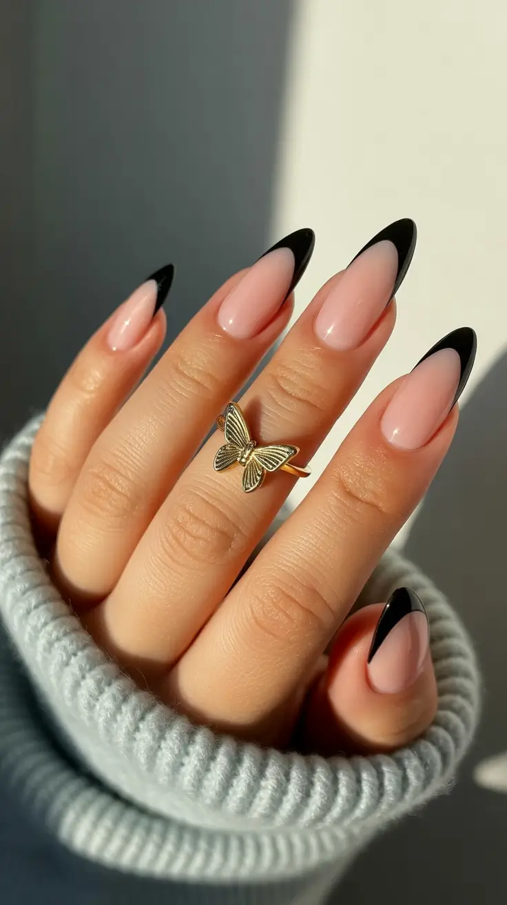 Cool black chrome nails, black and white french tip nails, simple nail designs, cool black nails, valentines day, and grey.