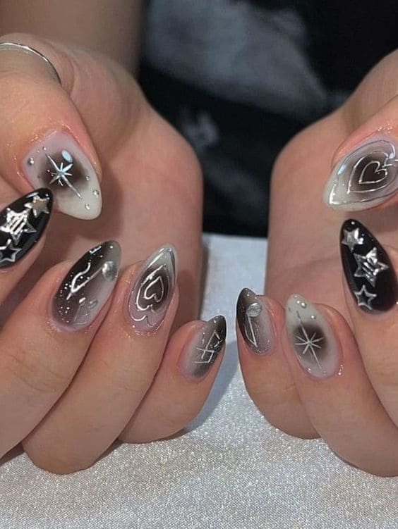Edgy black and purple nails, black cherry nails, black nails inspiration, edgy nails, birthday, french tip square.