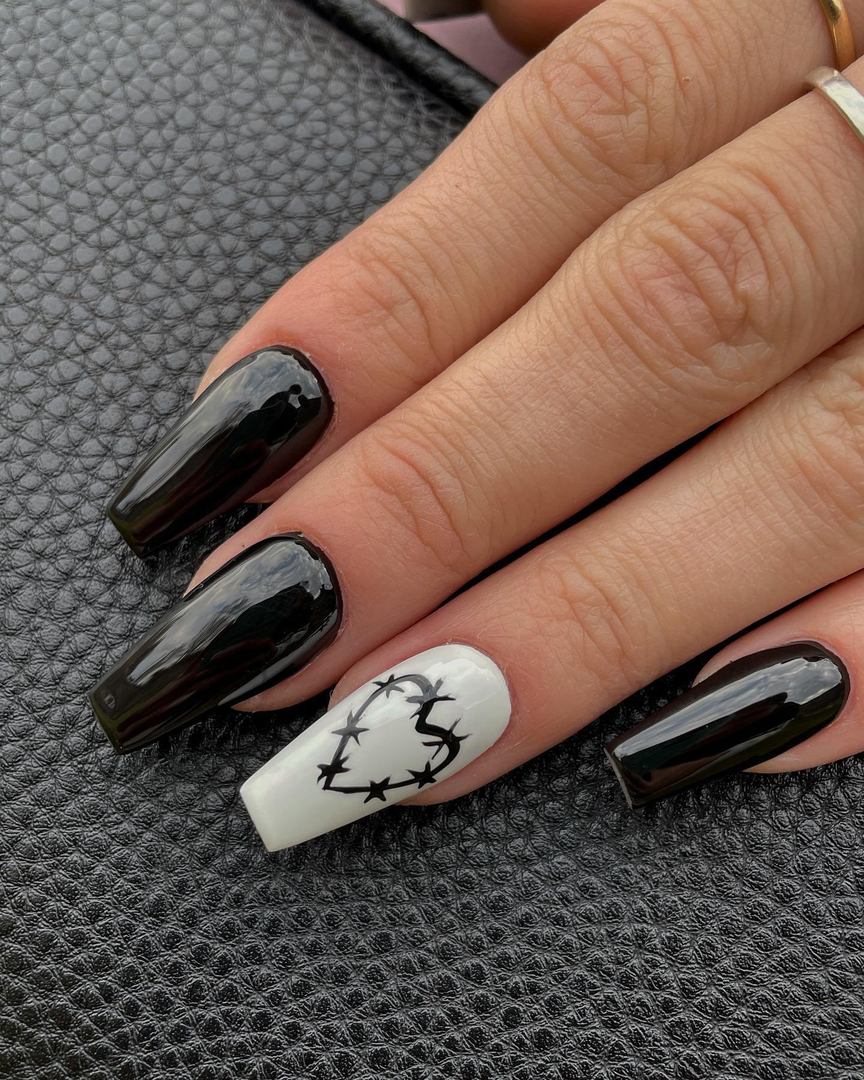 Cute black coffin nails, black cat nails, cute black nails, whimsigoth nails, white.