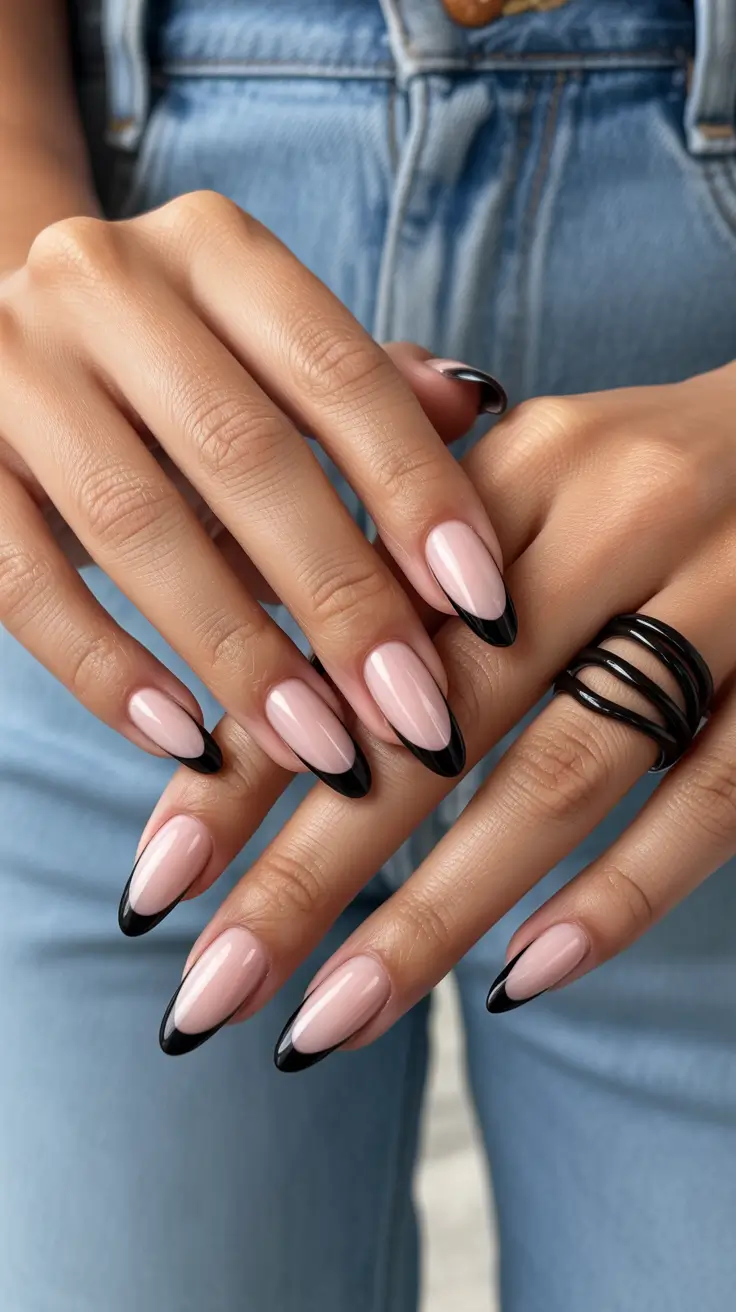 Matte black nails, black short nails ideas, long almond nails, alternative nails, y2k.