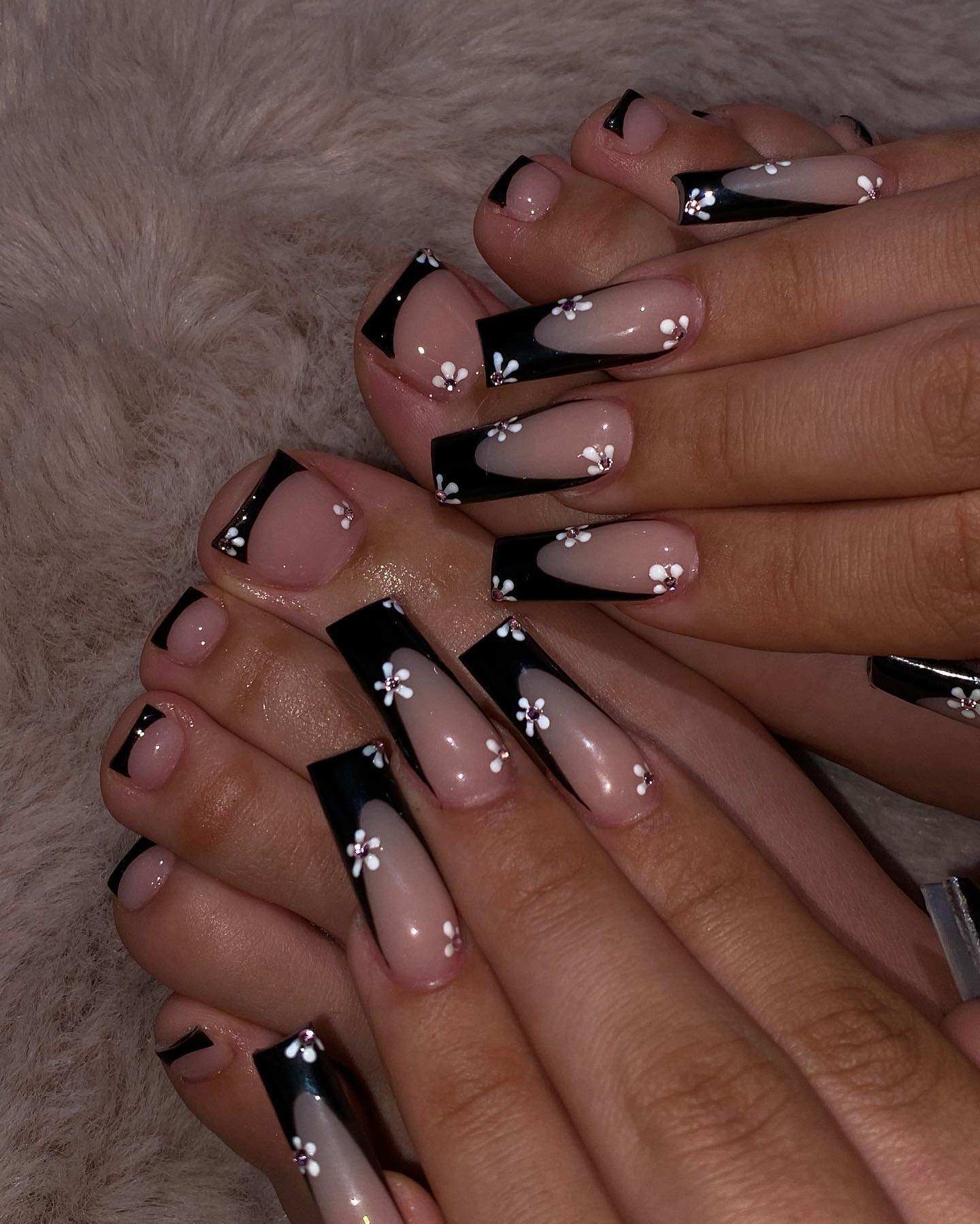 Elegant black glitter nails, black marble nails, dark nail designs, french tip, for dress.