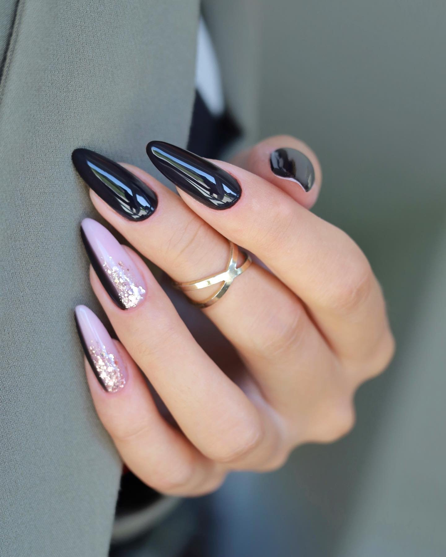Cute black prom nails, black witchy nails, cute nails, and pink, junk.