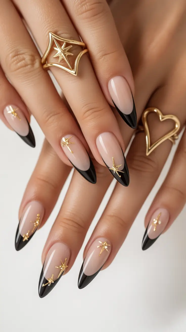 Elegant black and blue nails, black fall nails, pink and red nails, french, silver.
