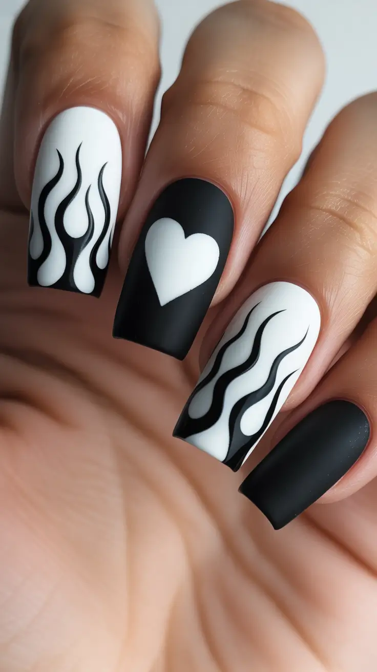 Classic black and white polka dot nails, black and gold nails ideas, 2000s nails, short, women.