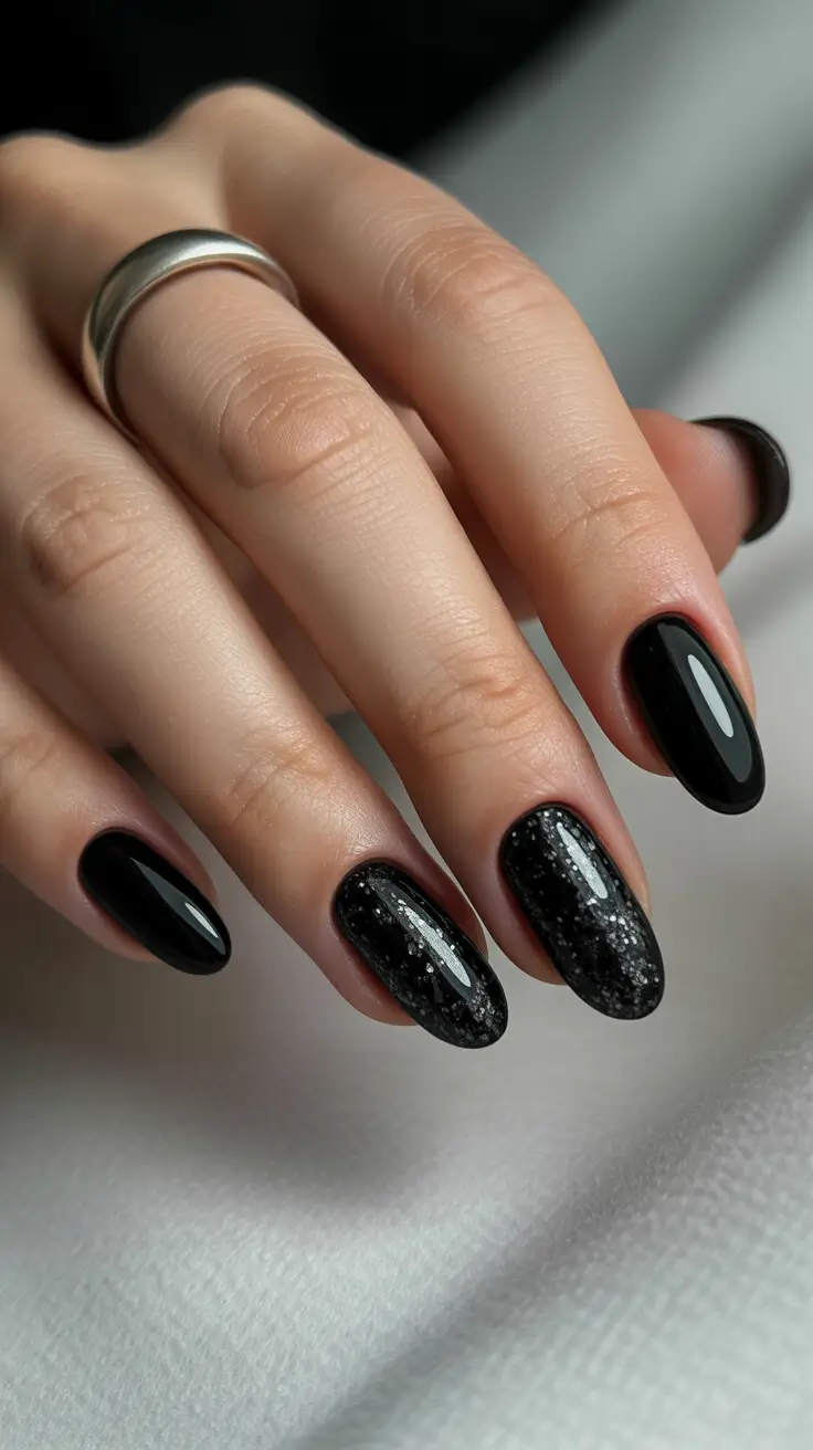 Edgy black white nails, black nail art, edgy halloween nails, glitter, witchy.