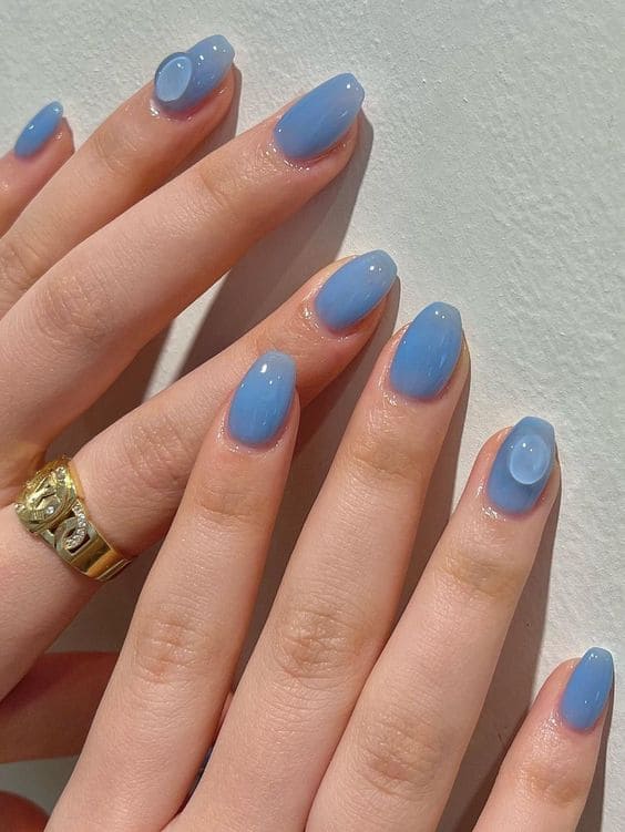 Blue french tip nails with glitter, light summer tiffany, nail inspo almond, blue xmas nails