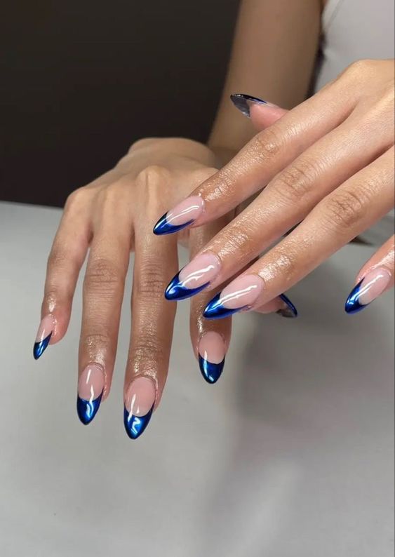 Blue nails acrylic with baby blue chrome nails, navy blue prom nails, christmas gel nails, bright finish