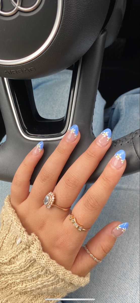 Blue nails with blue french nails, blue almond nails design, blue nails trendy, royal red and accents