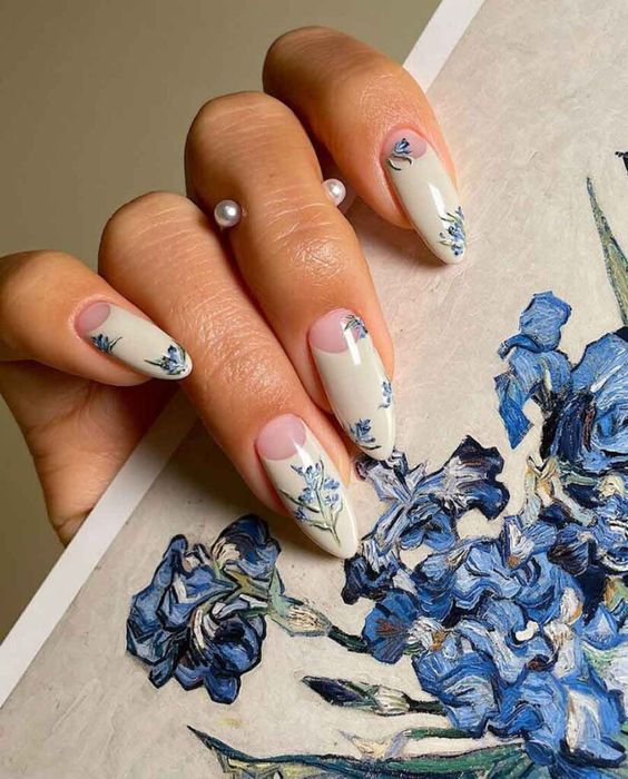 Blue almond nails with blue coffin nails, chrome nail art, pink and hawaii vibes