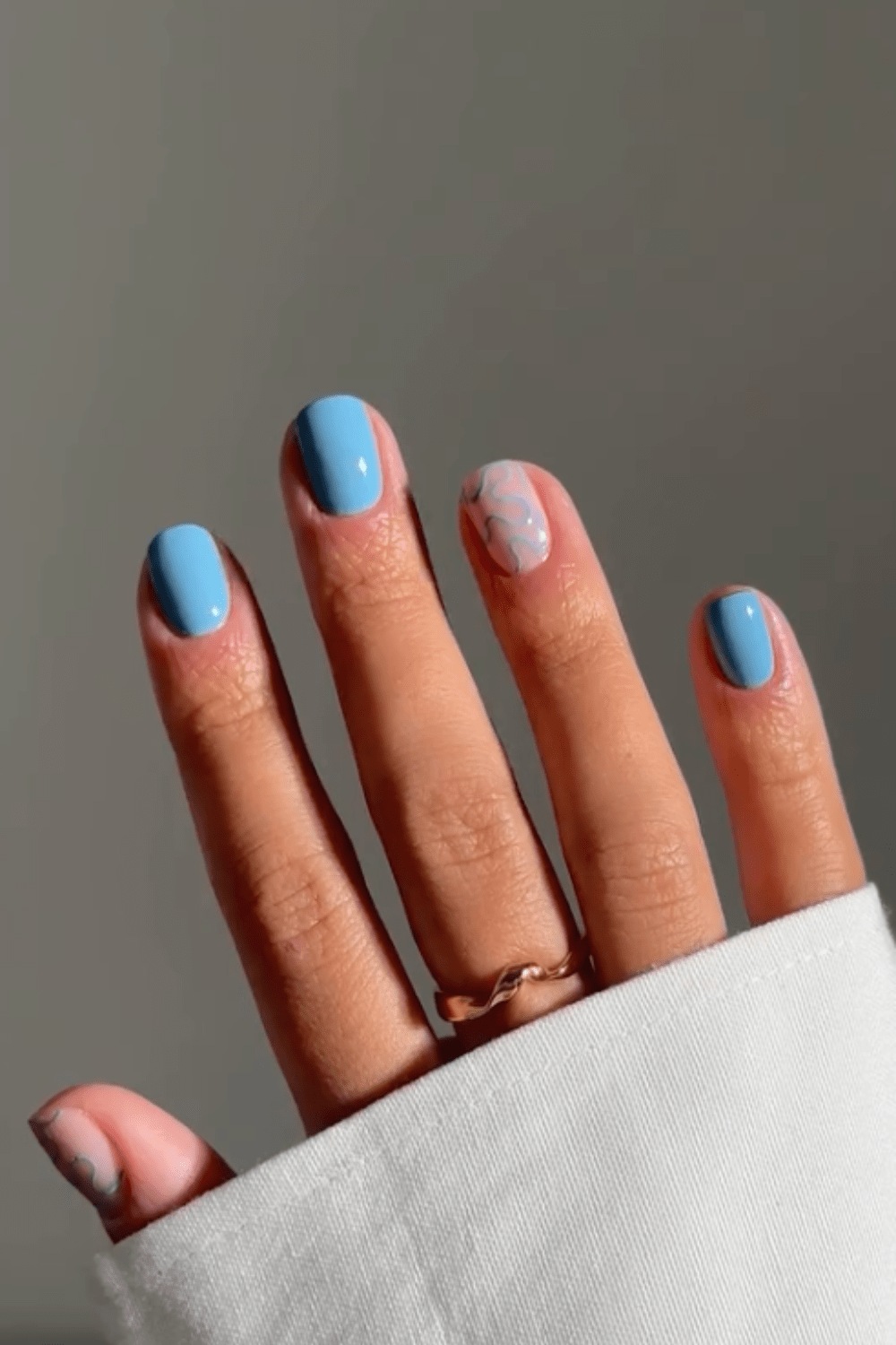 Pastel blue nails with blue marble nails, navy chrome nails, sky dark french tip