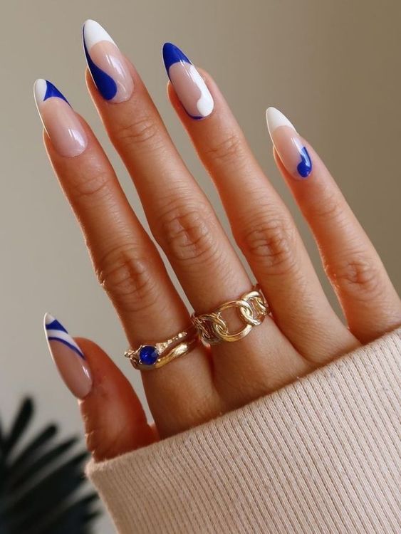 Blue beach nails with blue nail inspo, yellow nail art, light chrome, green accent