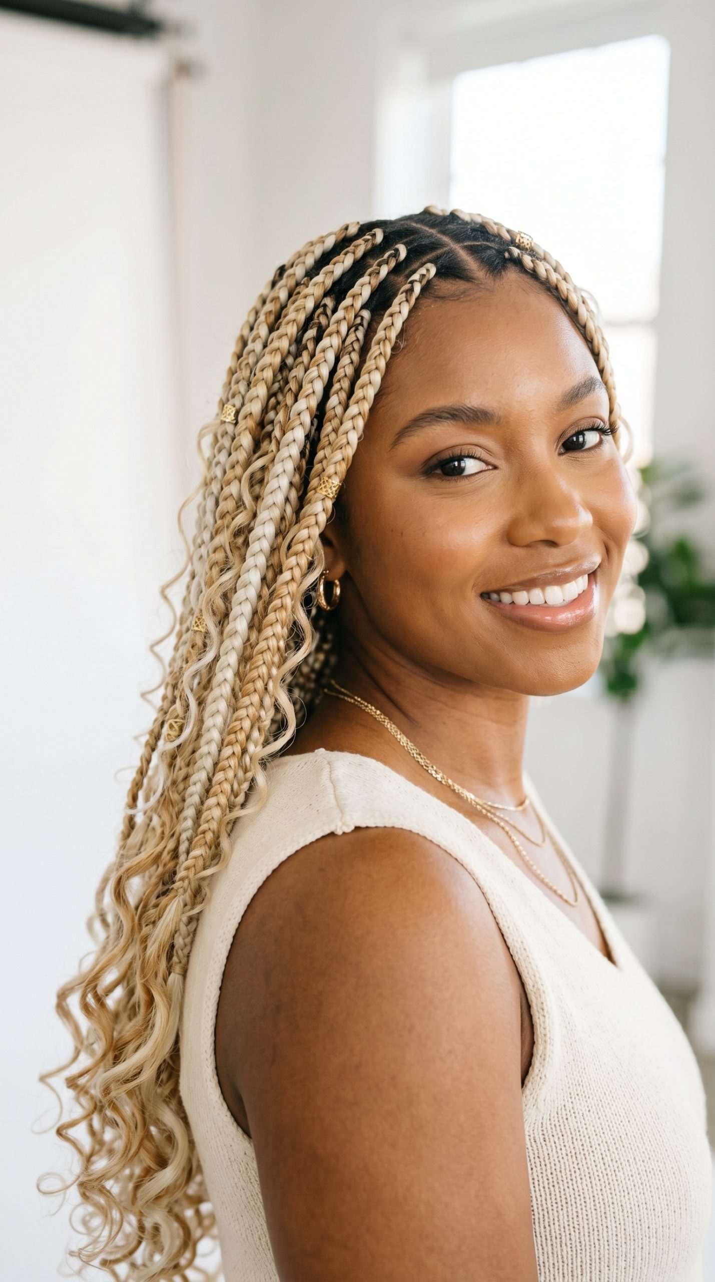 short boho braids, styling boho knotless braids, hair styles braids, big boho knotless braids, blonde, mid back knotless