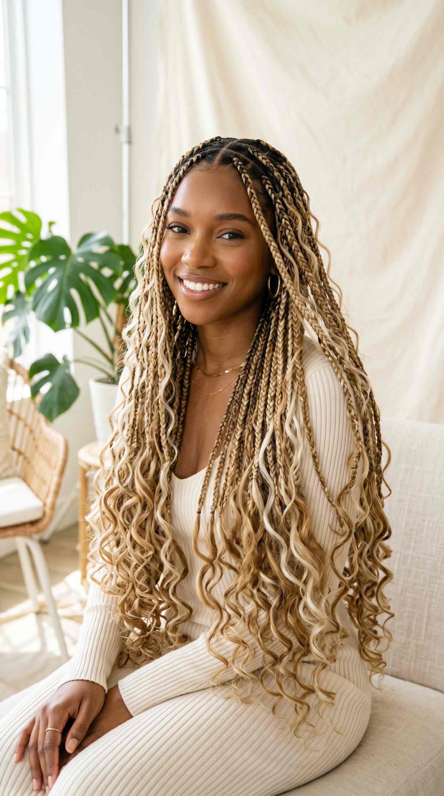 small boho knotless braids, burgundy boho braids, bohemian braids hairstyles, bohemian braids black women, body wave, pink