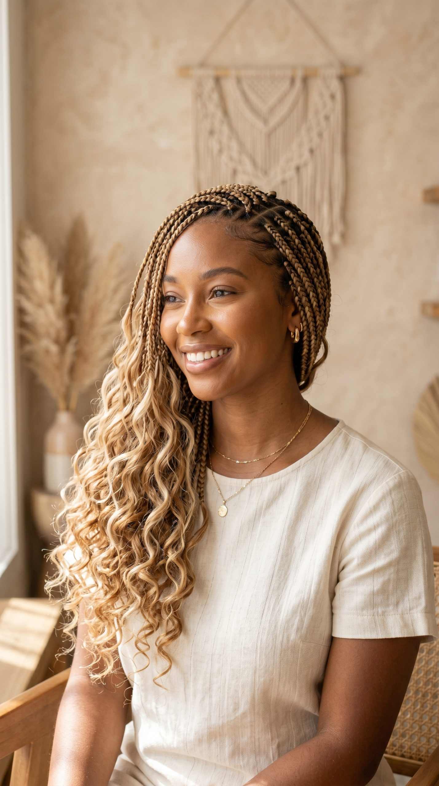 short boho knotless braids, how to style short boho braids, bohemian french curl braids, boho braid style ideas, ginger knotless, bob knotless with color