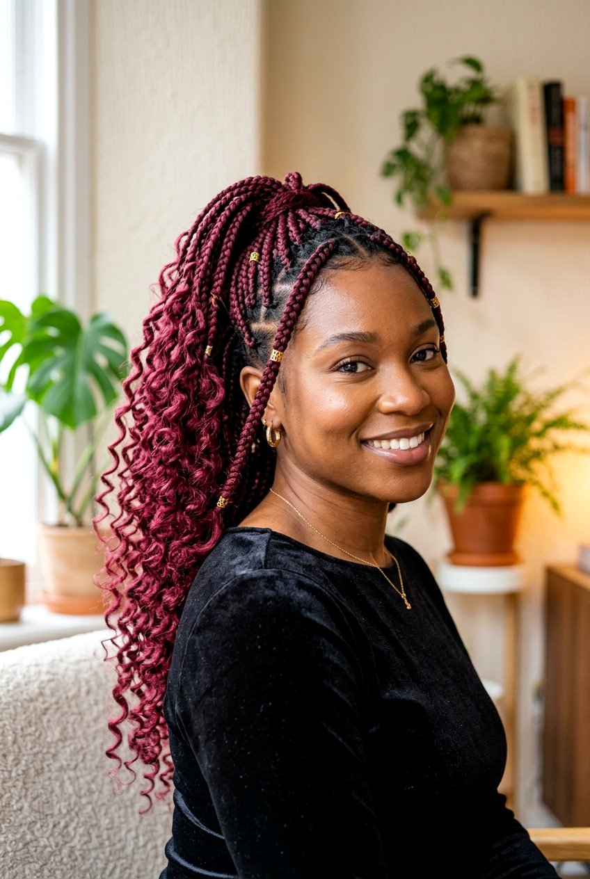 boho braids hairstyles ideas, boho braids loiro, medium goddess braids, knotless, styling knotless