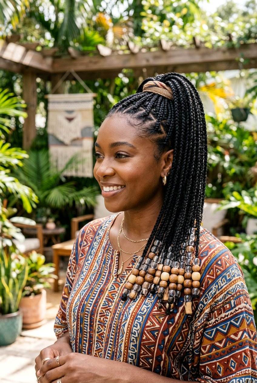 medium boho braids, styling boho braids, bohemian goddess braids, black women, ginger