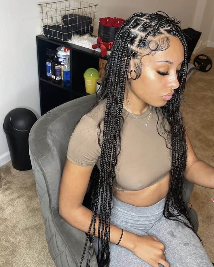 long boho braids, bora bora braids, short curly knotless braids, afro, styles