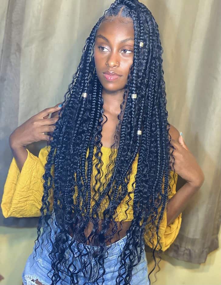 4/27/30 boho braids, two braids hairstyle, extra boho knotless braids, with color, with beads