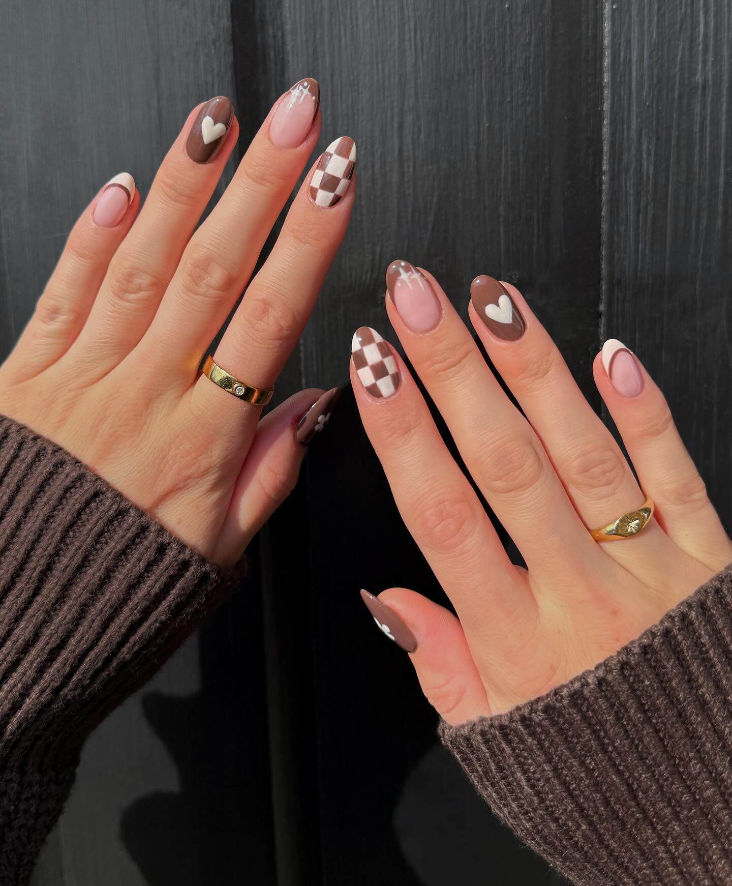 brown fall nails designs featuring classy brown nails with checkered patterns