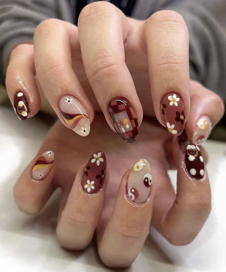 Brown nails acrylic, dark brown chrome nails, cherry brown nails, almond nails designs, tan ombre nails, marble tortoise pattern