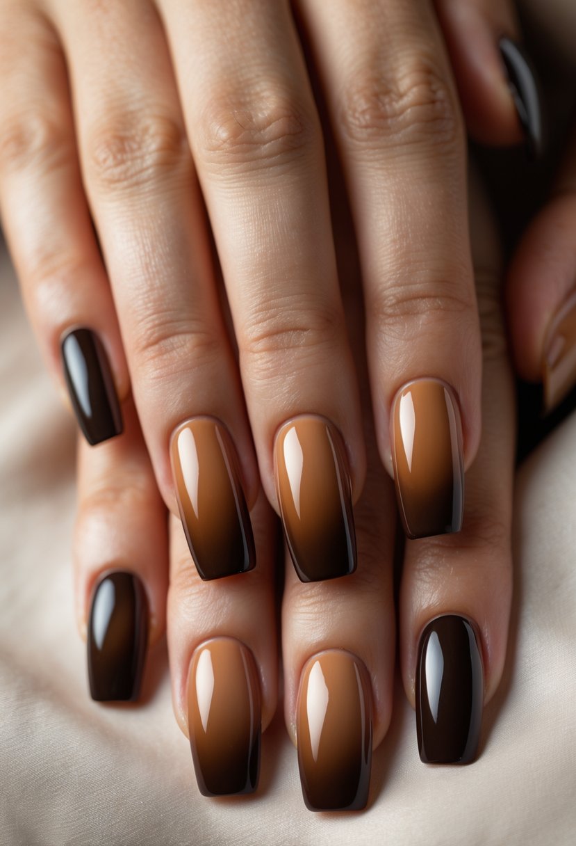 Brown polka dot nails, chocolate brown nails design, brown girl nails, brown nail design ideas, ombre nude acrylic nails, autumn coffin shape