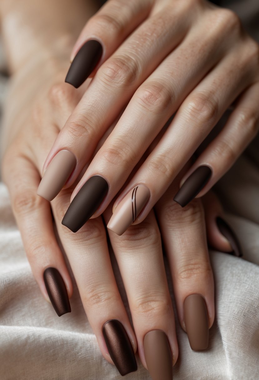 Brown almond nails, yellow and brown nails, brown winter nails, beige ombre nails, light stiletto beige shade