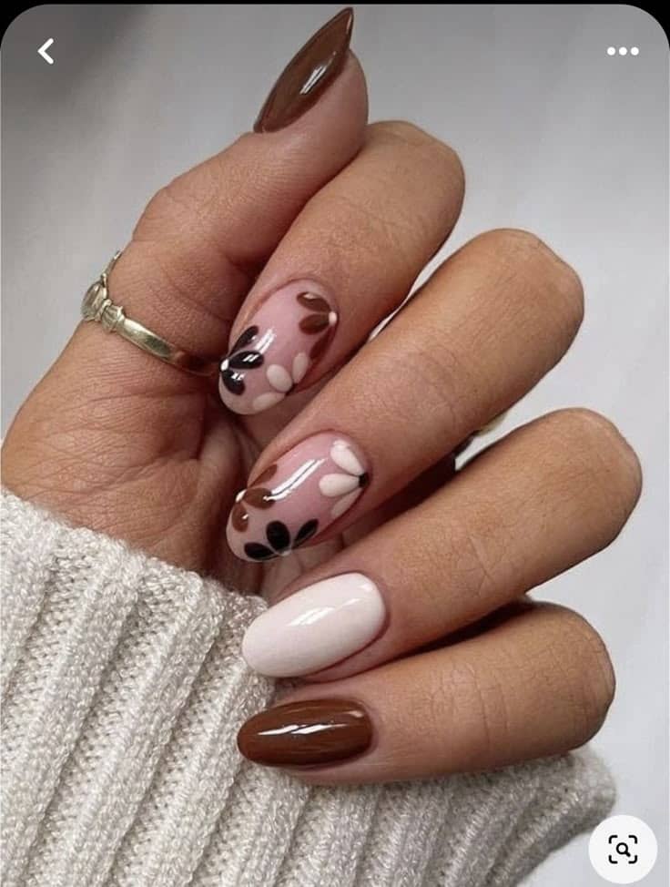 Brown aura nails, short brown nails ideas, square nails, warm brown nails, almond soft french tip acrylic style