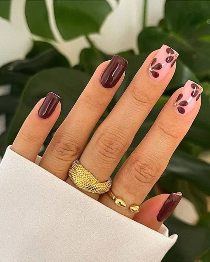 Blue and brown nails, brown skin nails, birthday nails, brown design nails, pink and pink accents