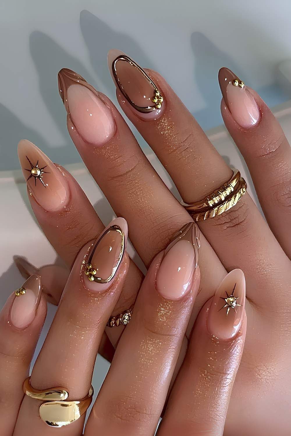 Mocha brown nails, soft brown nails, cute brown nails, coffee colored nails, ombre plaid design