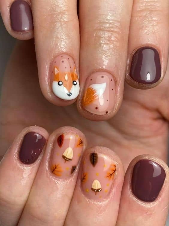 Brown almond nails design, brown nails aesthetic, simple brown nails, dark red nails with design, with chrome and orange highlights