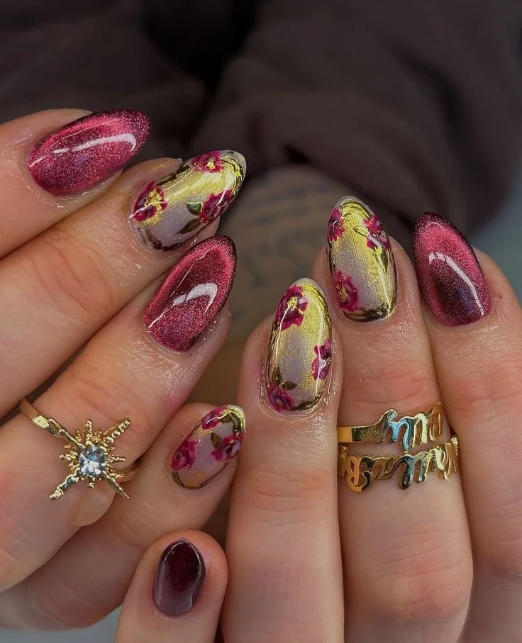 Purple cat eye nails, hot pink cat eye nails, cats eye nails design ideas, green, gel