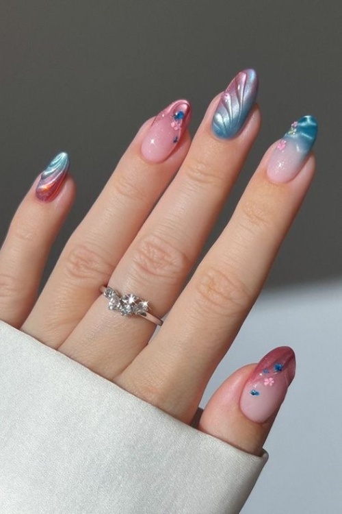 Baby blue cat eye nails, matte cat eye nails, milky cat eye nails, heart, matte