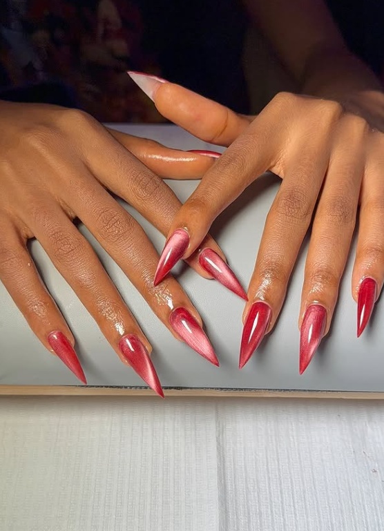 Elegant cat eye nails, winter nails, red cat eye nail art, maroon, dark purple