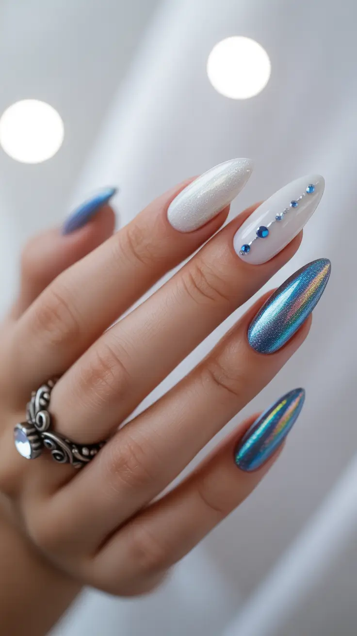 silver chrome nails, 3d chrome nails, pink glazed nails, olive green nails, chocolate