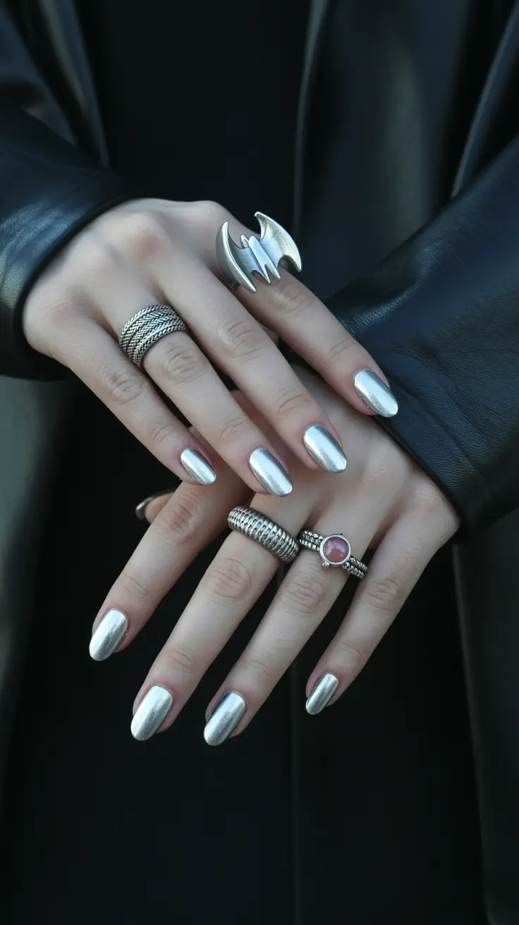 coffee chrome nails, square chrome nails, royal blue nails, silver, red almond